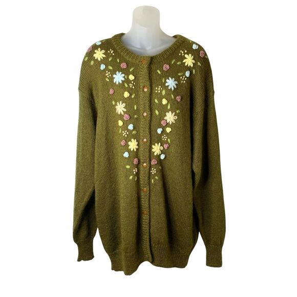 Vintage Cervelle Embroidered Wool Blend Button Up Cardigan Cottagecore Olive XL - Picture 1 of 13
